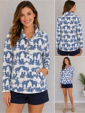 Lilly Pulitzer Elephant Print Popover Top Blue White Long Sleeve Size S